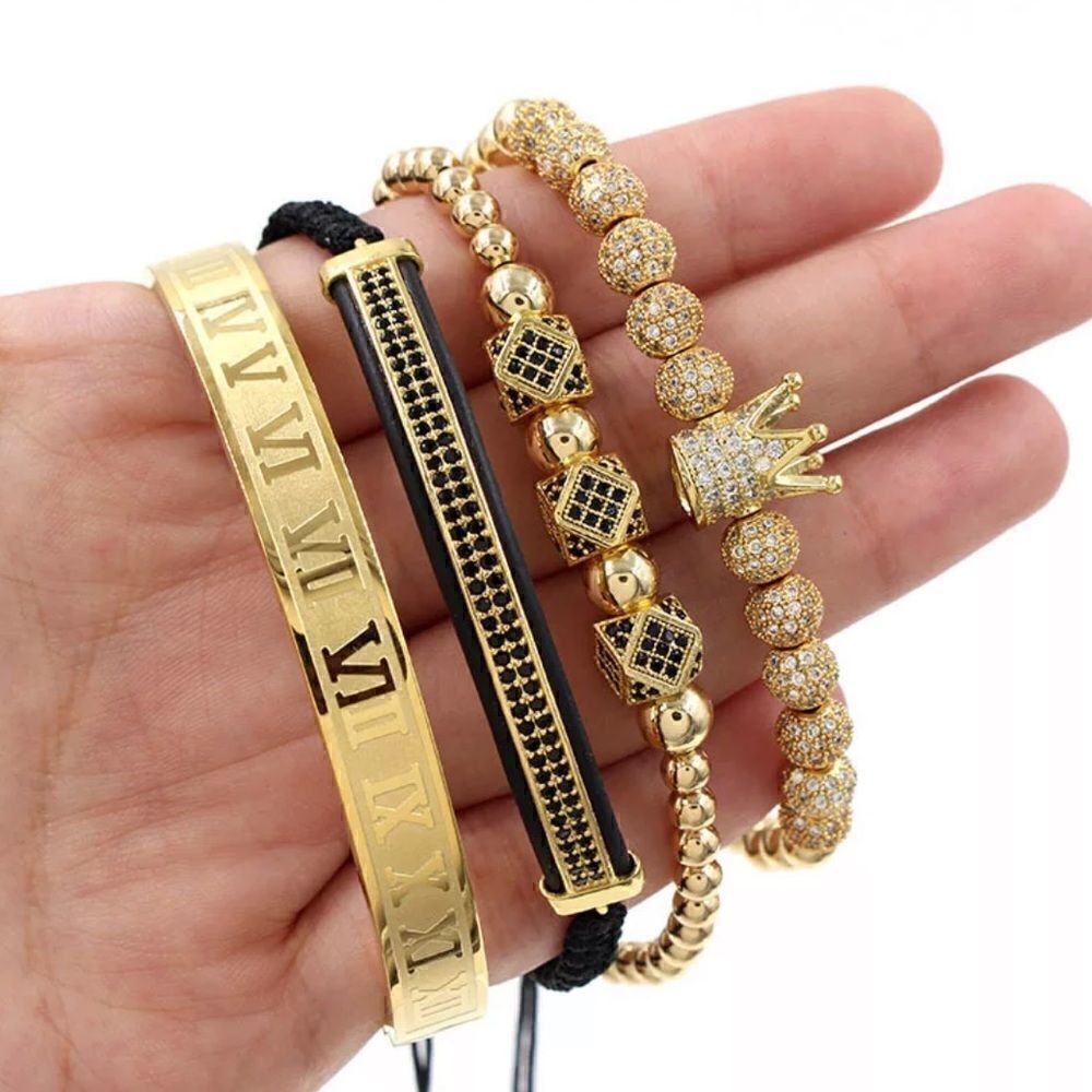 👑18K Gold 4 Pieces/Set Men Iced Out Stainless Steel Engraved Charm Brace…